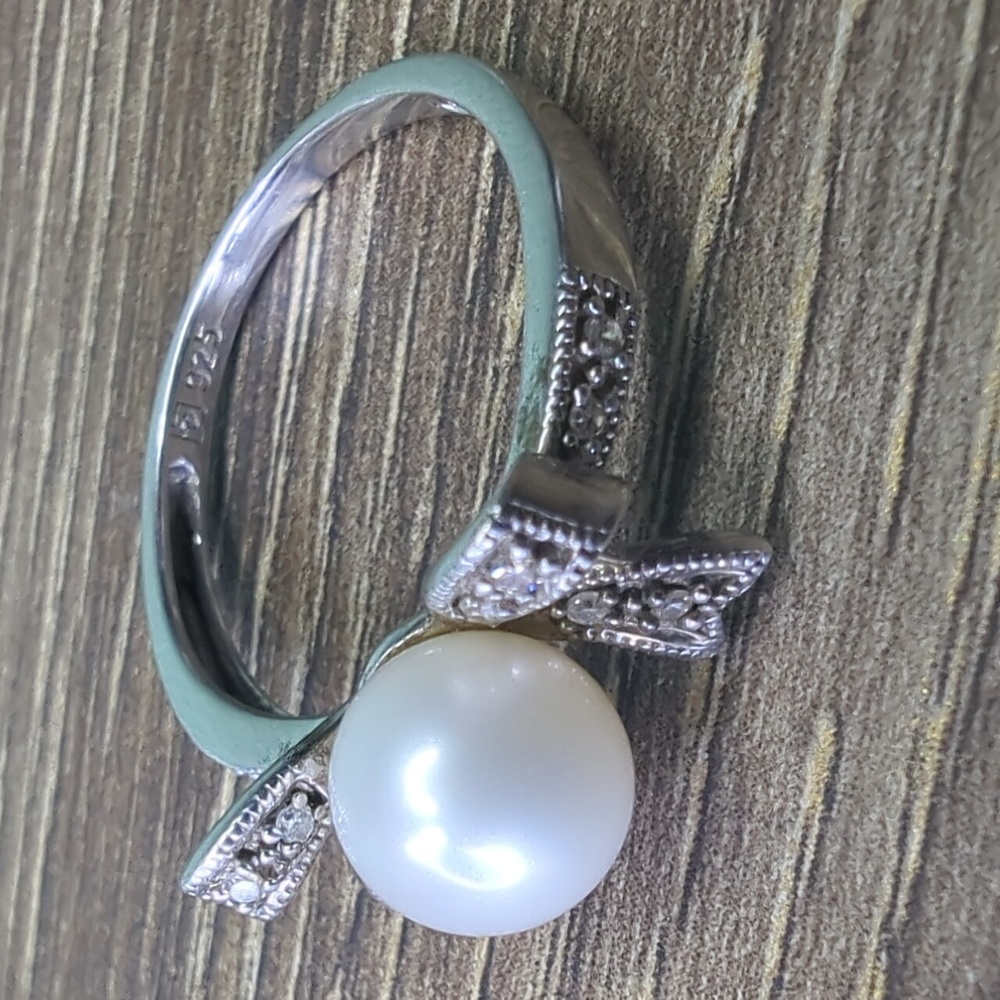 Diamond & Pearl 925 Sterling Silver Bow Ring Size 7 - Picture 7 of 14